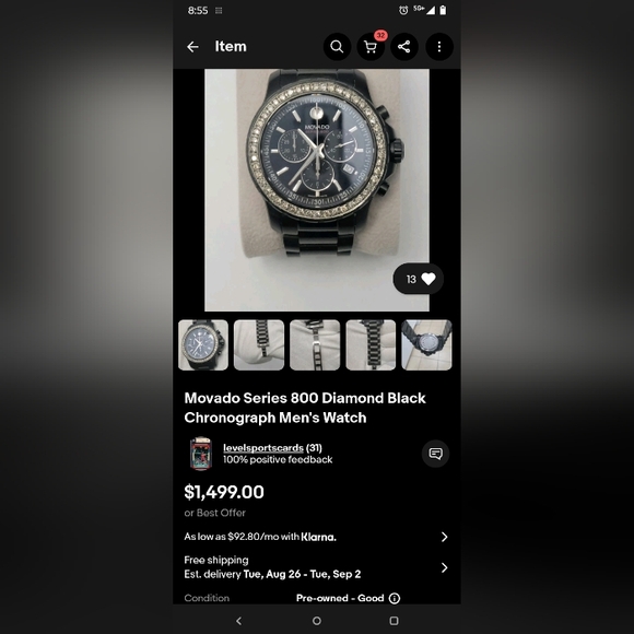 Movado Watch Mens Chrongraph Diamond 800 Series... DIAMOND - Picture 6 of 7